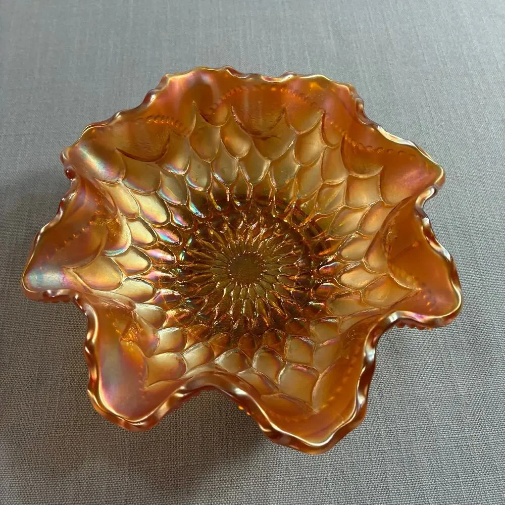 Vintage Marigold Carnival Glass Ruffled Bowl Petal Pattern 6.5 Inch